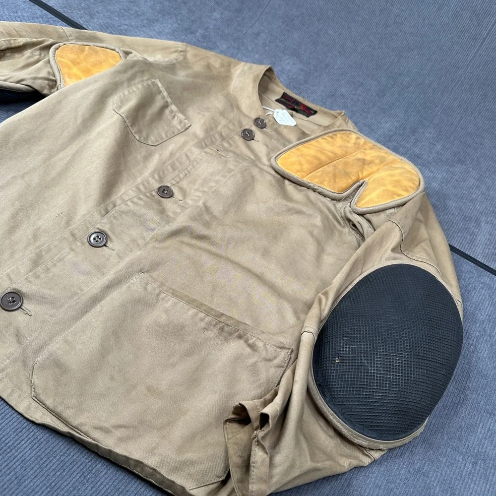 Vintage 10-X Shooting Jacket Tan Cotton Twill Leather Recoil Pad Mens 44 L